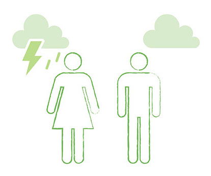Outline drawing of man and women under rainy clouds